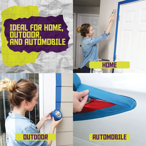 Image showing Blue Painters Tape 2 Inch Wide Pack Of 24 Residue Free UV Resistant Masking Tape For Sharp Clean Lines On Walls Indoors Or Outdoors 4320 Feet Total Pro Grade Long Lasting Surface Safe, used on door frame, siding, and car light.