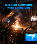 Person using MIG Welder Plasma Cutter Combo 130A 7 In 1 Multiprocess Welder With Dual Voltage 120 Volt 240 Volt Gas MIG Flux Core Aluminum Plasma Cut Stick Lift TIG Spool Gun with spool gun for aluminum.