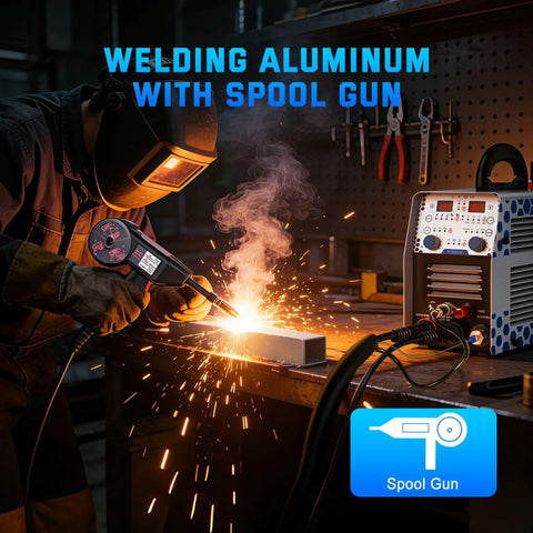 Person using MIG Welder Plasma Cutter Combo 130A 7 In 1 Multiprocess Welder With Dual Voltage 120 Volt 240 Volt Gas MIG Flux Core Aluminum Plasma Cut Stick Lift TIG Spool Gun with spool gun for aluminum.
