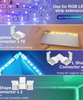 LED Strip Connector Kit For 10mm 4 Pin 5050 RGB LED Lights Solderless Adapter showing gapless, L shape, and T shape connectors.
