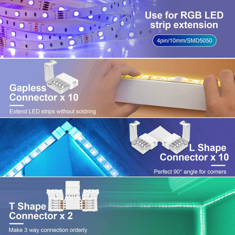 LED Strip Connector Kit For 10mm 4 Pin 5050 RGB LED Lights Solderless Adapter showing gapless, L shape, and T shape connectors.