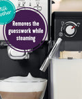 Super Sleek Programmable Espresso And Cappuccino Maker Featuring Automatic Milk Frother And 19 Bar Pump stainless steel milk frother detail with steamed milk in glass