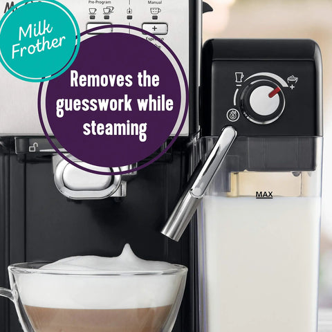 Super Sleek Programmable Espresso And Cappuccino Maker Featuring Automatic Milk Frother And 19 Bar Pump stainless steel milk frother detail with steamed milk in glass