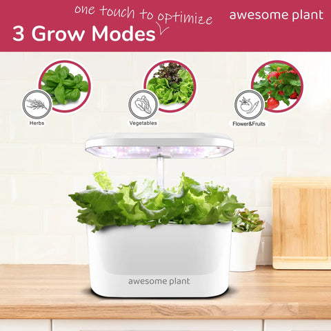 Indoor Hydroponics Garden Kit With 6 Pods, 3 Grow Modes shown with lettuce growing under adjustable light hood