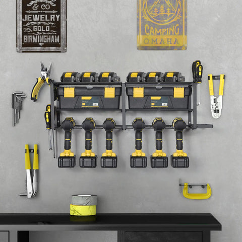 Power Tool Organizer With Six Drill Holders Wall Mounted Heavy Duty Metal Tool Rack Garage Storage Shelf With Side Rows