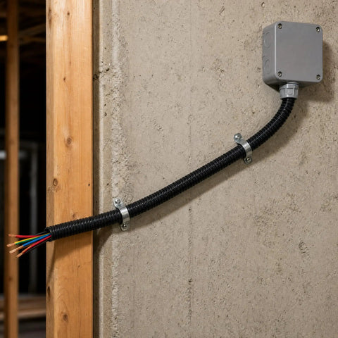 Built Tough Workhorse Corrugated Flexible Conduit Pipe With Compression Fitting Connector For Electrical Cable Routing And Wiring Harness Protection Rated At 20 Bar Pressure In A Sturdy 19 Millimeter Coil installed on a wall with wires visible.
