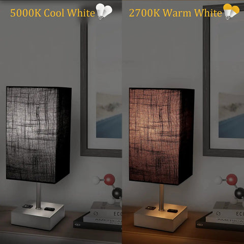 Two Pack 3 Way Dimmable Touch Table Lamps With USB Ports And AC Outlet, Night Light With Black Fabric Shade in cool and warm white.