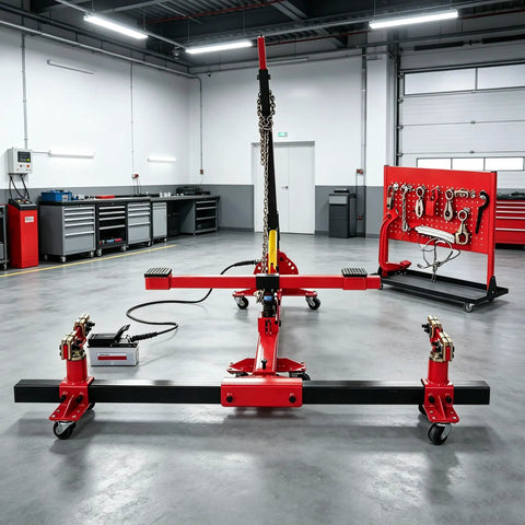 Auto Body Frame Straightener With 3 Ton Air Jack, Frame Puller for sedans, SUVs, trucks, vans in workshop setting