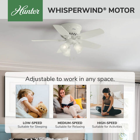 42 Inch Indoor Ceiling Fan With LED Lights, white finish, low profile flush mount, pull chain operation in living room setting