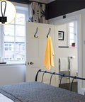 Bedroom view with rustic entryway hooks, 12 pack farmhouse style wall mounted coat hooks rack with screws included, holding a towel