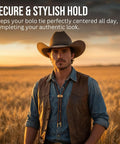 Man wearing 24 Piece Bolo Tie Clasp Kit With Rectangle Slide Clips For Jewelry Making Cord Slider Clasps in a field at sunset