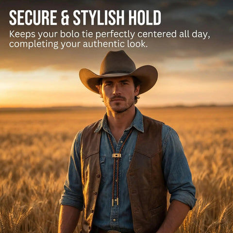 Man wearing 24 Piece Bolo Tie Clasp Kit With Rectangle Slide Clips For Jewelry Making Cord Slider Clasps in a field at sunset