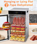 Commercial Grade Food Dehydrator With Eighteen Slick Stainless Steel Trays showing meats, fruits, and veggies in hanging design.