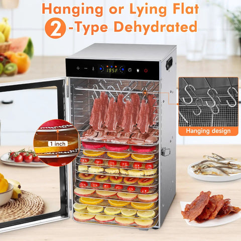 Commercial Grade Food Dehydrator With Eighteen Slick Stainless Steel Trays showing meats, fruits, and veggies in hanging design.