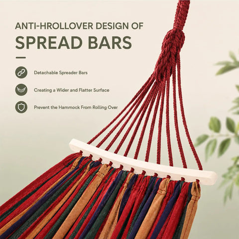 Close-up of the Two Person Portable Camping Hammock Bed With Anti Roll Balance Beam And Tree Straps, 550 Pound Capacity, red spread bar.