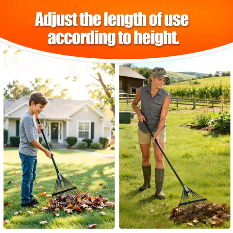 Two people using Wide 22-Tine Leaf Rake With 22.8 Inch Head And Adjustable 33 To 67 Inch Metal Handle in a garden and lawn.