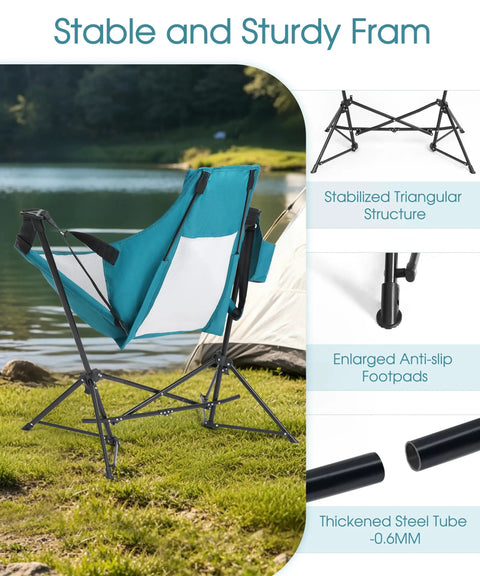 Two Pack Hammock Camping Chairs With Stand And Storage Bag by a lake, showing stable triangular frame and footpads.