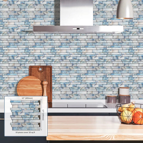 Blue Marble Peel And Stick Backsplash Tiles 12x12 Self Adhesive Removable For Kitchen And Bathroom, wall view with fruit basket.