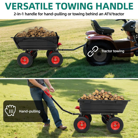 Heavy Duty 1200 Lb Dump Cart With 7 Cu Ft Capacity All Terrain 13 Inch Wheels 2 In 1 Handle Tow Behind Garden Wagon used for hauling wood