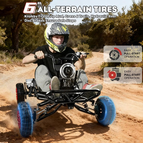Person riding Electric Go Kart For Adults And Kids With 2100W Motor, 3 Speed Off Road Kart on dirt trail, front view