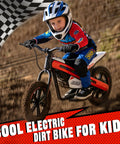 Kids Electric Dirt Bike With 24V 300W Motor, Two Speed Settings, Flashing LED Lights, Builtin Music Function, Durable Electric Bike For Ages Six And Up, Red, shown with child rider