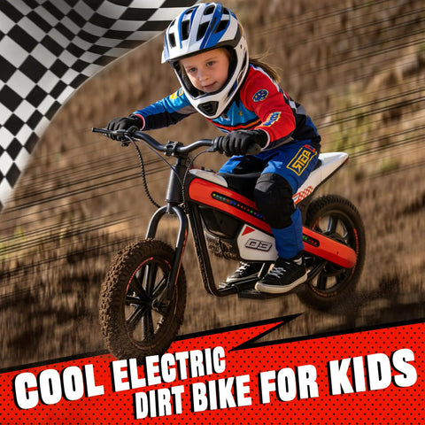 Kids Electric Dirt Bike With 24V 300W Motor, Two Speed Settings, Flashing LED Lights, Builtin Music Function, Durable Electric Bike For Ages Six And Up, Red, shown with child rider