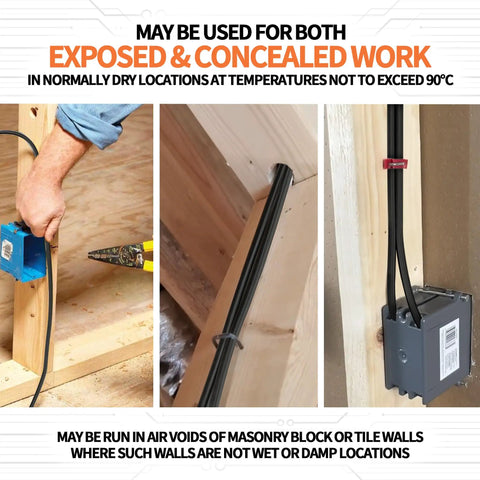 Top Tier Eight Gauge Nm B Electrical Wire 3 Conductor Plus Ground Indoor Copper Cable 50 Foot Black Jacket shown installed in wood framing.