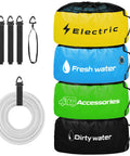 RV Storage And Organization Bags 4 Pack Black Blue Yellow Green Waterproof Organizer For Sewer Hoses Fresh And Waste Water Hoses And Electrical Cords Must Have Camper Gear To Keep Your Ride Tidy And Ready For Adventures showing four color-coded bags with straps and a hose.