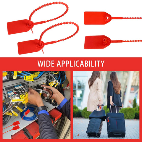 Bulk 500 Pcs Red Plastic Tamper Seals Zip Ties With Security Tags for Fire Extinguishers, shown with diverse usage applications.