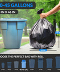 Heavy Duty 45 Gallon Black Trash Bags 38x46 Inches, 250 Count With Twist Ties, Leak Proof Star Seal Design shown next to trash can