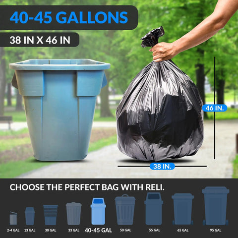 Heavy Duty 45 Gallon Black Trash Bags 38x46 Inches, 250 Count With Twist Ties, Leak Proof Star Seal Design shown next to trash can