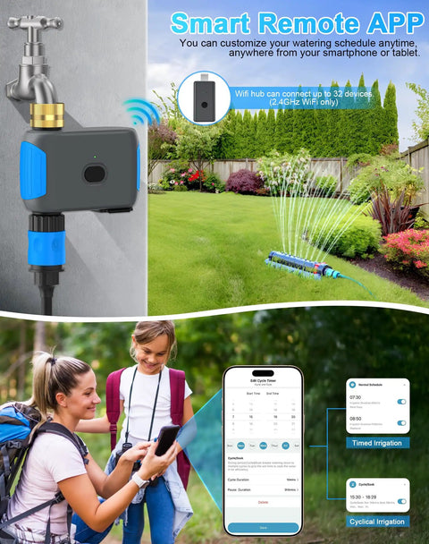 WiFi Sprinkler Timer With Bluetooth Hose Timer, Programmable Outdoor Irrigation System With Remote App interface display