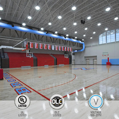Three Power Modes Workhorse UFO LED High Bay Light illuminating spacious gym, dimmable 0-10V, IP65 aluminum fixture