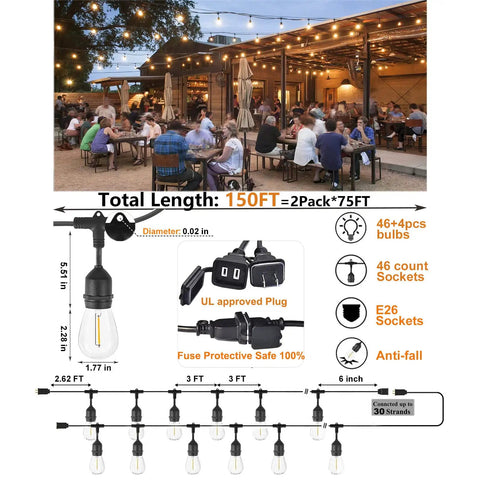 Outdoor String Lights 150 Ft LED Shatterproof Patio Lighting With 50 Waterproof Bulbs 2 Pack for backyard bistro setup