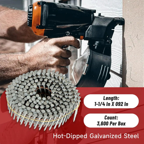 3600 Count Siding Nails One And A Quarter Inch Ring Shank 0.092 Inch Diameter 15 Degree Hot Dipped Galvanized Collated Wire For CN55 CN45 Nail Guns Durable Exterior Fasteners being used with nail gun on siding