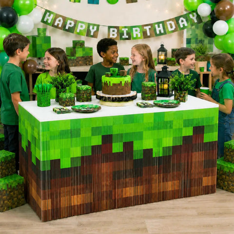 Kids celebrating around a table decorated with Two Pack Pixel Miner Party Table Skirts With Classic Green And Brown Block Pattern.