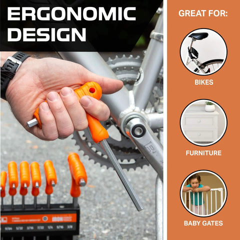 20 Piece T Handle Allen Wrench Set With Stand For SAE And Metric Hex Keys, ergonomic grip in use, biking setup viewed