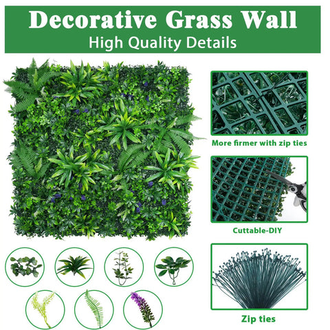12 Pack 20x20 Grass Wall Panels Set showcasing lush greenery with zip ties and cuttable design, for indoor outdoor decor.