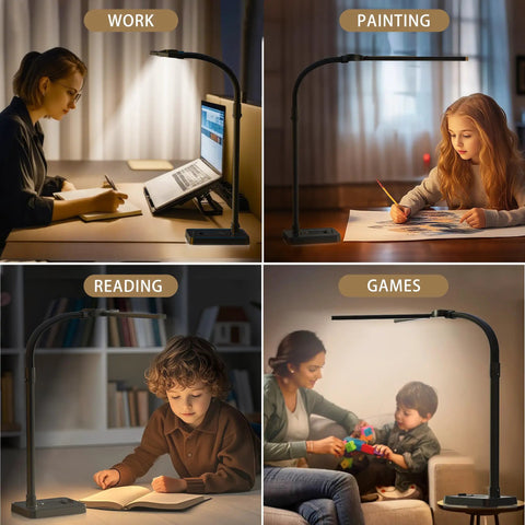 Dual Head LED Desk Lamp For Home Office With Eye Caring Light, Architect Style Gooseneck Desk Light For Multi Monitor Setup, shown in various uses including work, painting, reading, and games.
