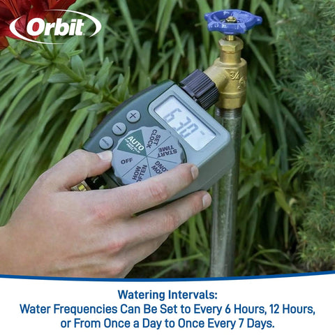 Person adjusting Programmable Digital Hose Watering Timer With LCD Screen Battery Powered One Outlet Irrigation Timer Built In Rain Delay