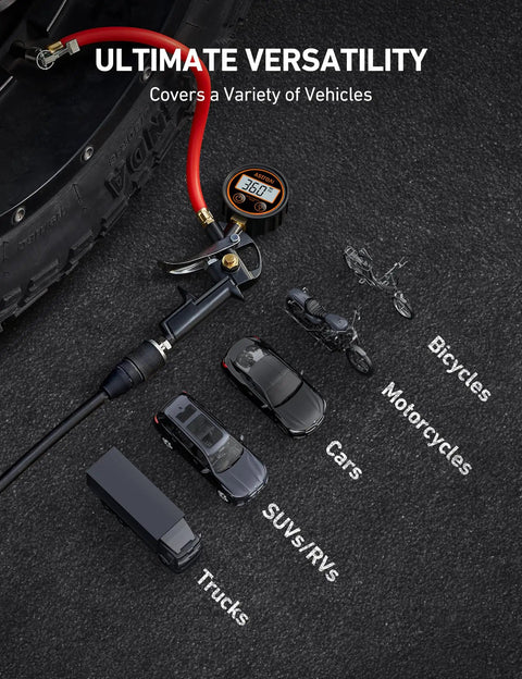 Digital Tire Pressure Gauge With Inflator, Heavy Duty 3 To 250 PSI Range next to scale models of trucks, cars, motorcycles, bicycles