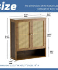Rattan And Bamboo Bathroom Wall Cabinet With Doors And Shelves For Over Toilet Space Saving Hanging Storage Organizer In Walnut Finish With Adjustable Interior Shelves Fixed Top And Open Lower Shelf shown with dimensions.
