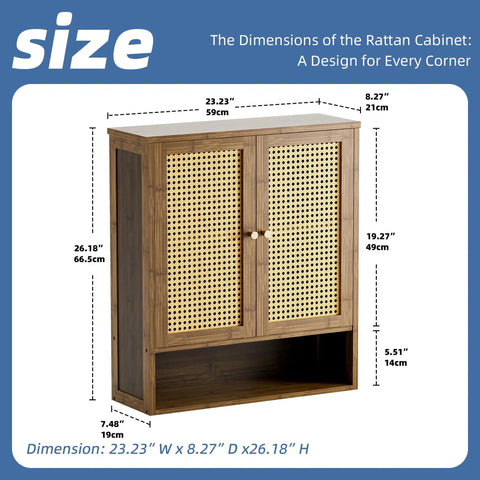 Rattan And Bamboo Bathroom Wall Cabinet With Doors And Shelves For Over Toilet Space Saving Hanging Storage Organizer In Walnut Finish With Adjustable Interior Shelves Fixed Top And Open Lower Shelf shown with dimensions.