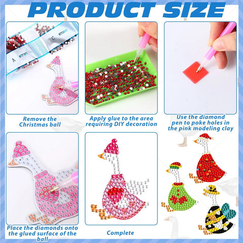 Goose Diamond Painting Magnets Set For Fridge 30 Pieces featuring DIY steps and tools like pens, glue, and trays for crafting.