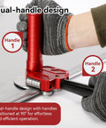 Sheet metal bender with red dual handles, 90°–180° bending range and an ergonomic rotary handle (front view)