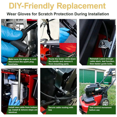 Upgrade Your Ride With This Premium Fwppet 133-1998 Brake Cable Repair Kit Perfectly Made For Toro TimeMaster Mowers To Fix Blade Engagement And Control Cables Like A Pro. DIY brake cable repair kit with blue gloves on Toro TimeMaster mower installation steps