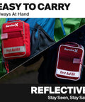 SurviveX Small Red First Aid Kit pouch with white label, attached to backpack
