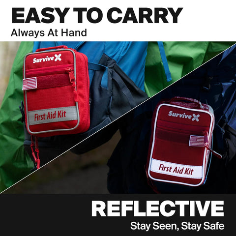 SurviveX Small Red First Aid Kit pouch with white label, attached to backpack