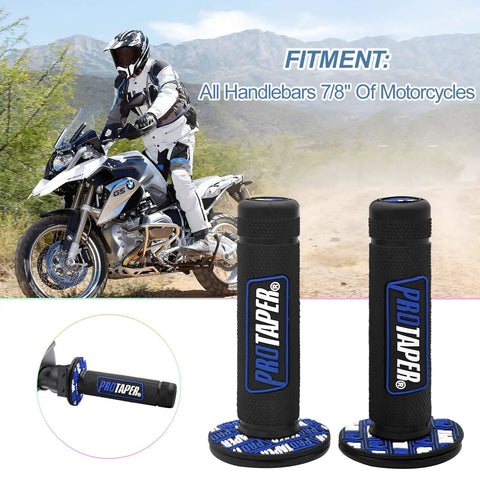 Rider off-road with Universal 22mm Seven Eighths Inch Twist Throttle Grip And Cable Kit, black grips and throttle close-up