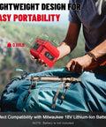 Person holding Go-To Portable Power Inverter For Milwaukee 18V Battery next to blue backpack outdoors